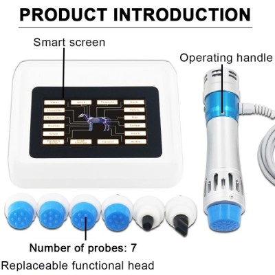 Equine shockwave device showing 7 interchangeable heads for targeted horse body application