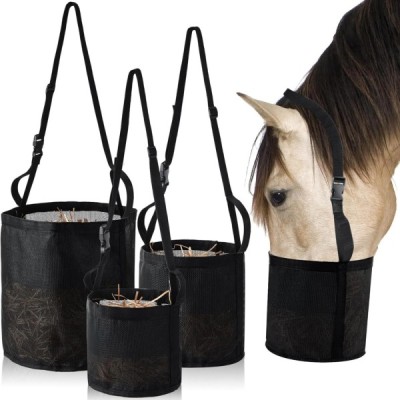Horse wearing adjustable grazing muzzle for hay and grass intake control