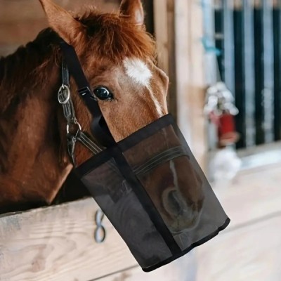 Horse wearing adjustable grazing muzzle for hay and grass intake control