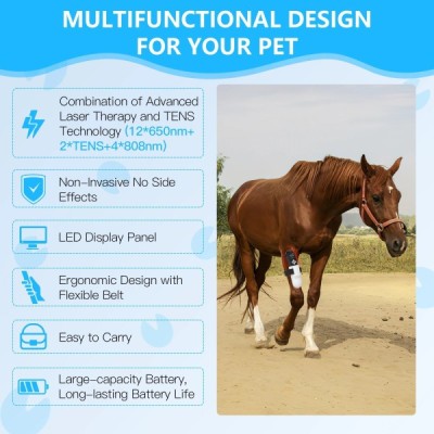 Horse therapy device with hands-free strap system for easy equine cold laser treatment in stable or at home