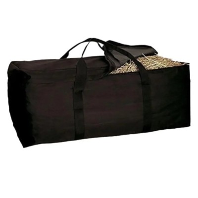Black heavy-duty horse hay storage bag with carrying straps