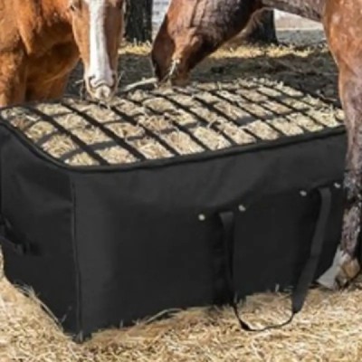 Heavy-duty waterproof horse hay bag with slow feed top for barn feeding